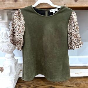 THML Top Olive Green with Leopard Print Puff Sleeves, Size:Small